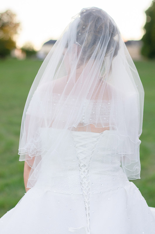 photo de mariage avec la mariée de dos dans un parc