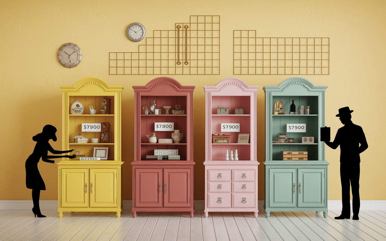 Collectionneurs examinent buffet Mado rare ancien