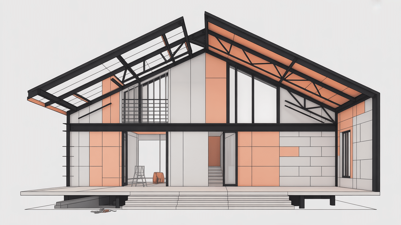 Vue coupe composition des murs maison phenix ossature metal beton