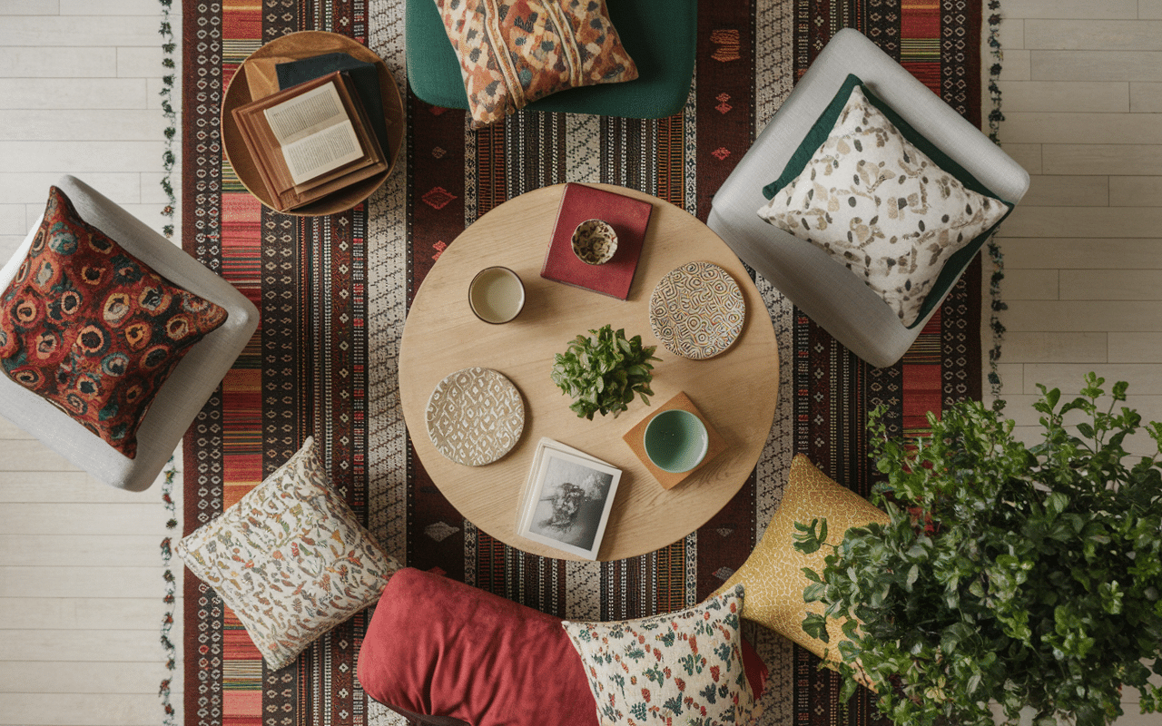 table basse indie home coussins tapis ceramiques plantes