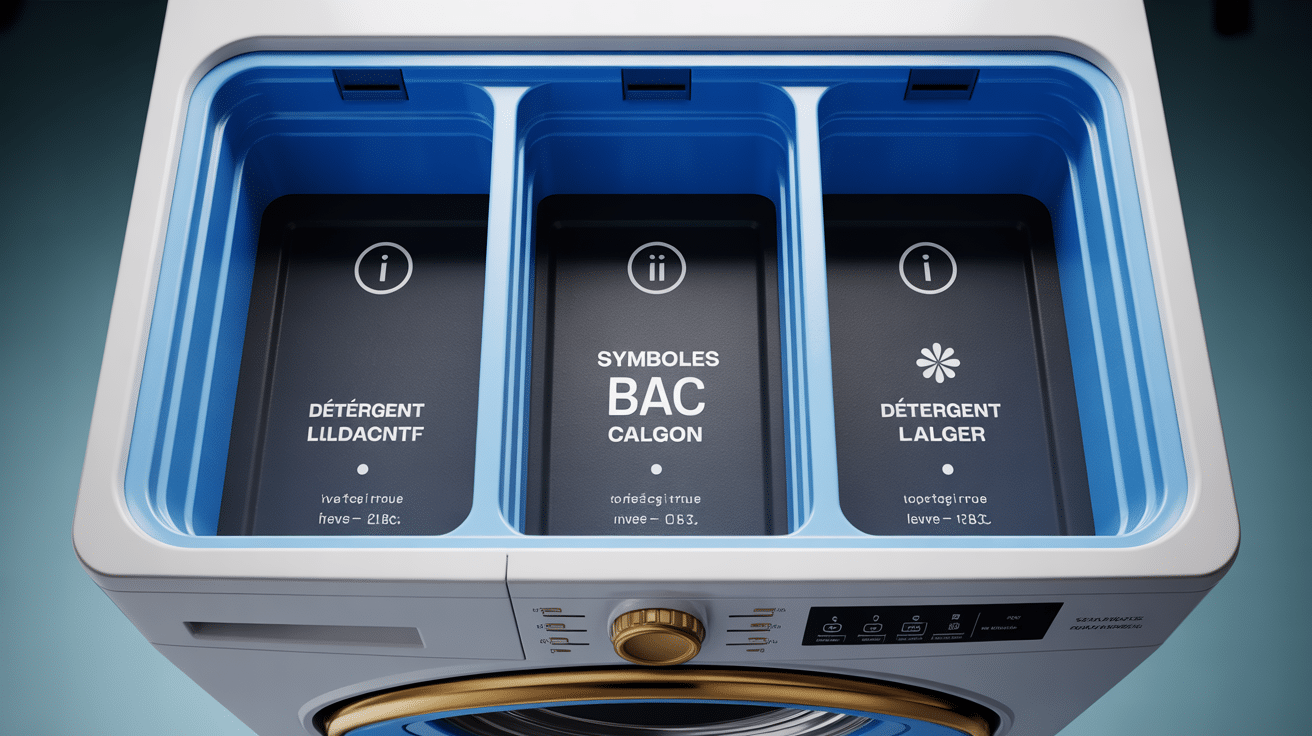 Symbole bac à détergent machine à laver Calgon tiroir compartiments trois symboles