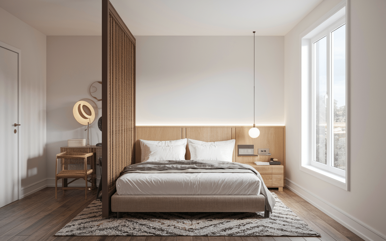 Chambre avec toiciel store occultant tamisant la lumière