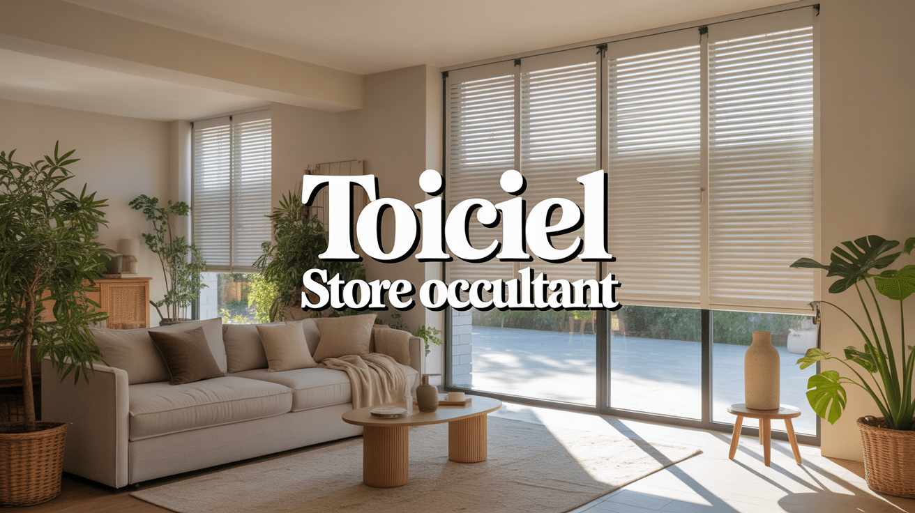 Toiciel store occultant beige sur grande fenêtre salon