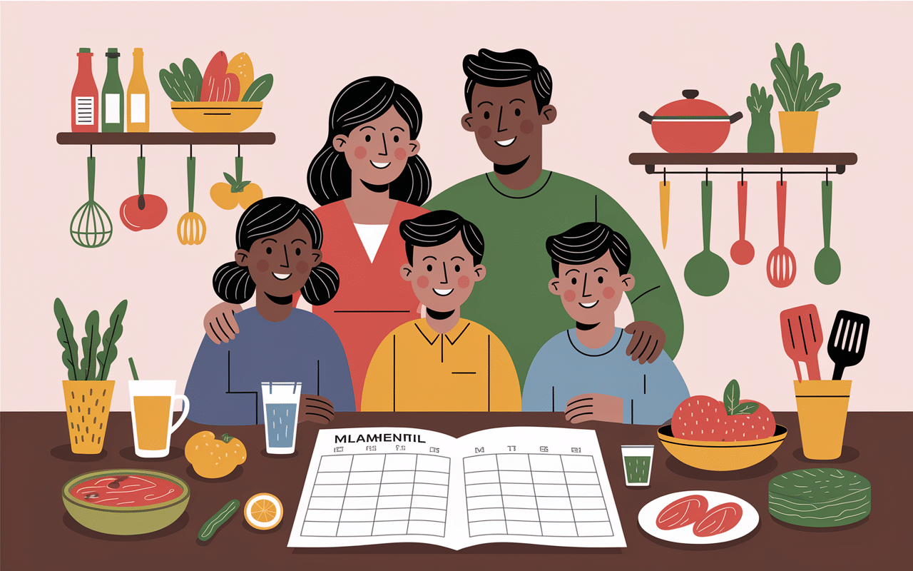 famille consulte planning menu mois vierge autour d'une table