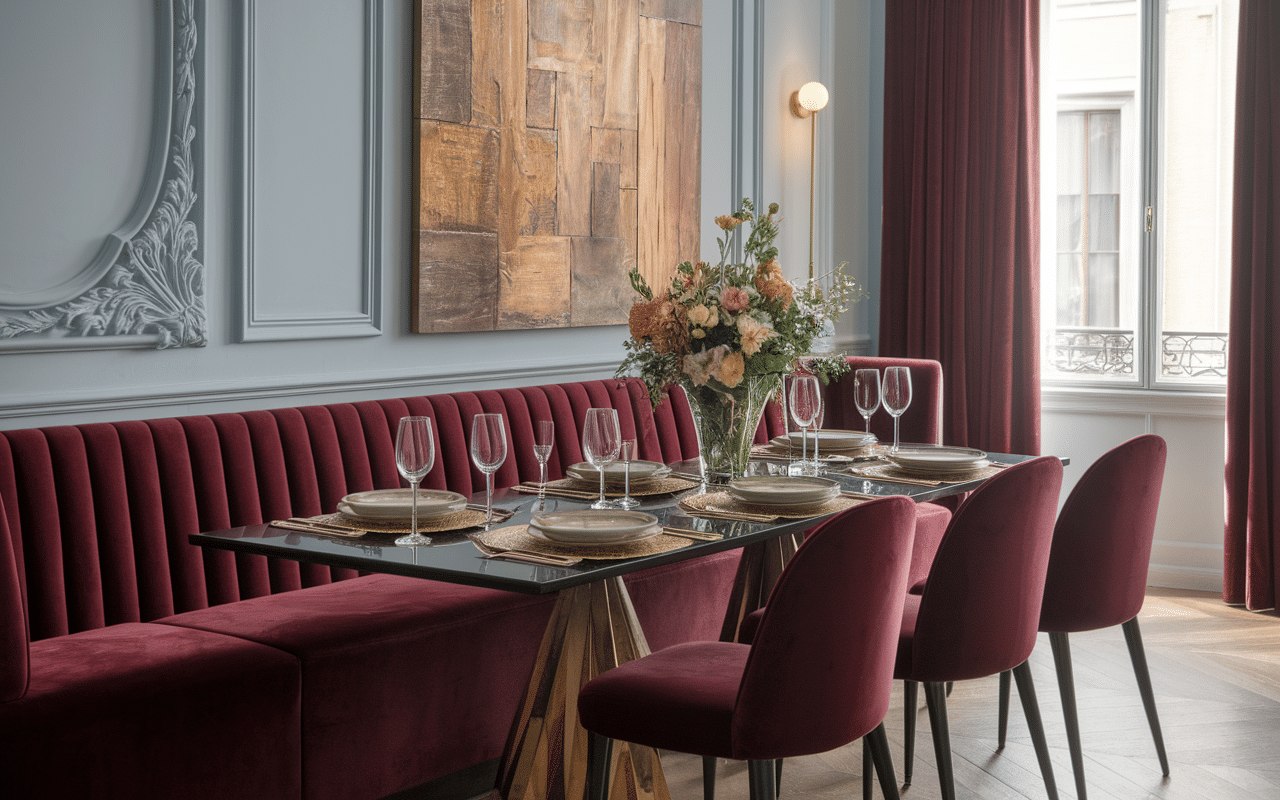 Banquette resto velours bordeaux capitonnée élégante