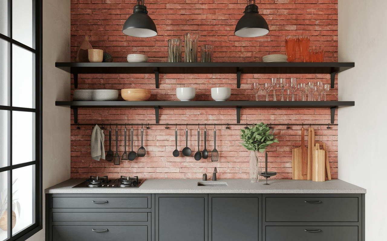 Cuisine style industriel vintage mur briques, beton ciré, etageres metal