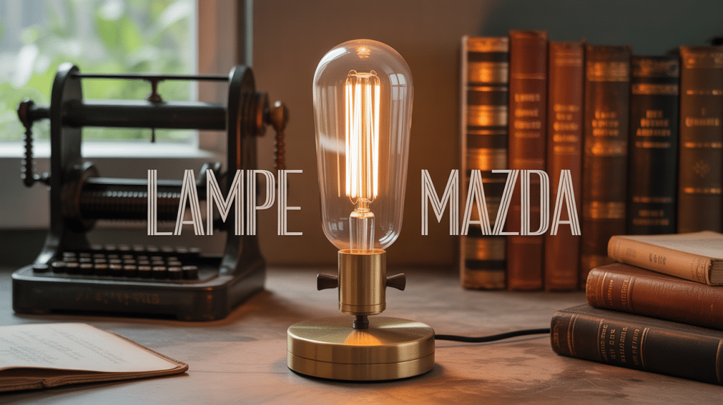 Ampoule lampe mazda filament sur bois avec objets anciens