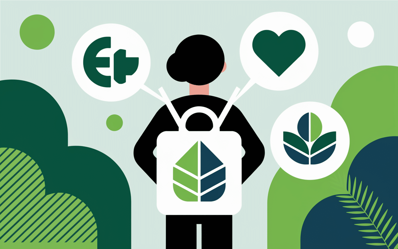 Personne avec lunch bag and lunch box entourée d’icônes santé économie écologie