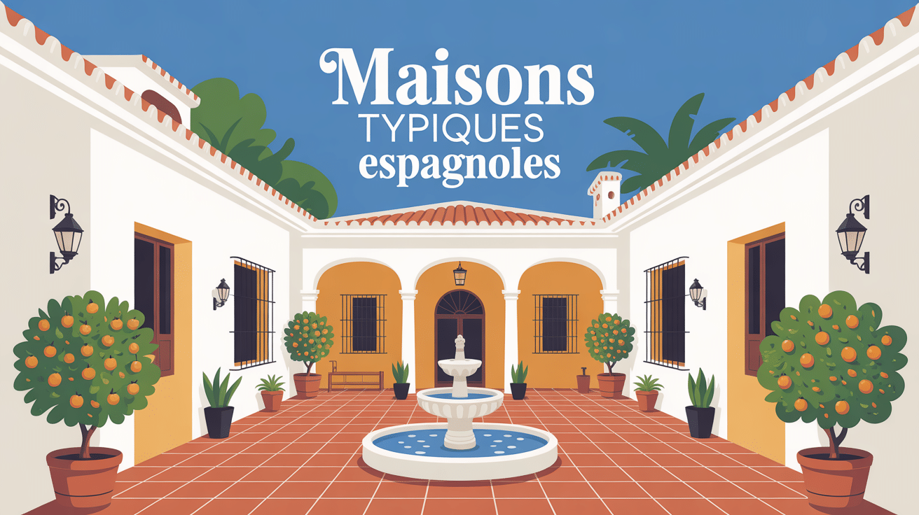 Maison typique espagnole murs blancs patio fontaine céramique