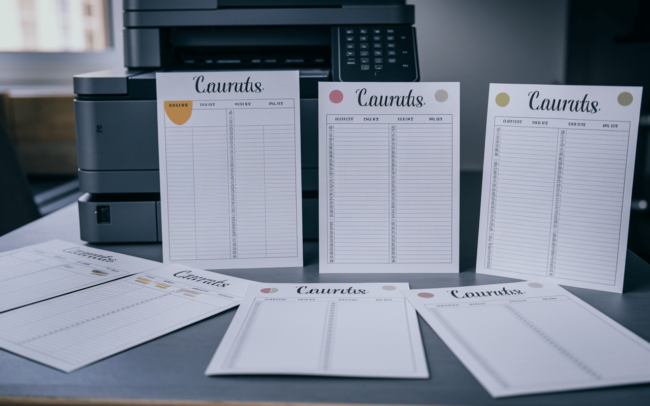 différents modèles de listes de courses à imprimer sur une table