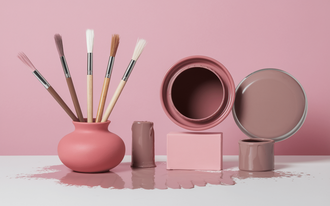 Nuancier peinture rose poudré et taupe, pinceaux, pot et échantillons