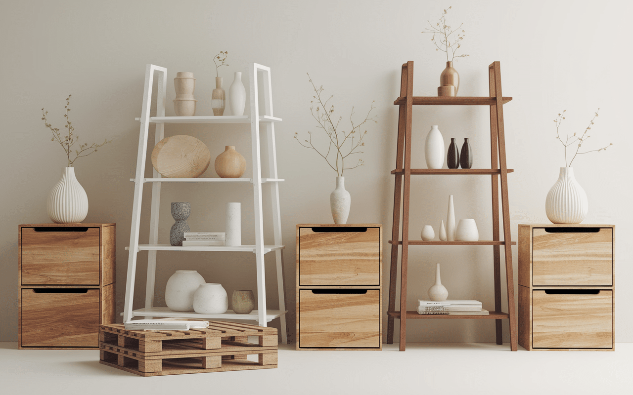 Exemples d’objets détournés de leur fonction : palette-table, tuyaux, caisses