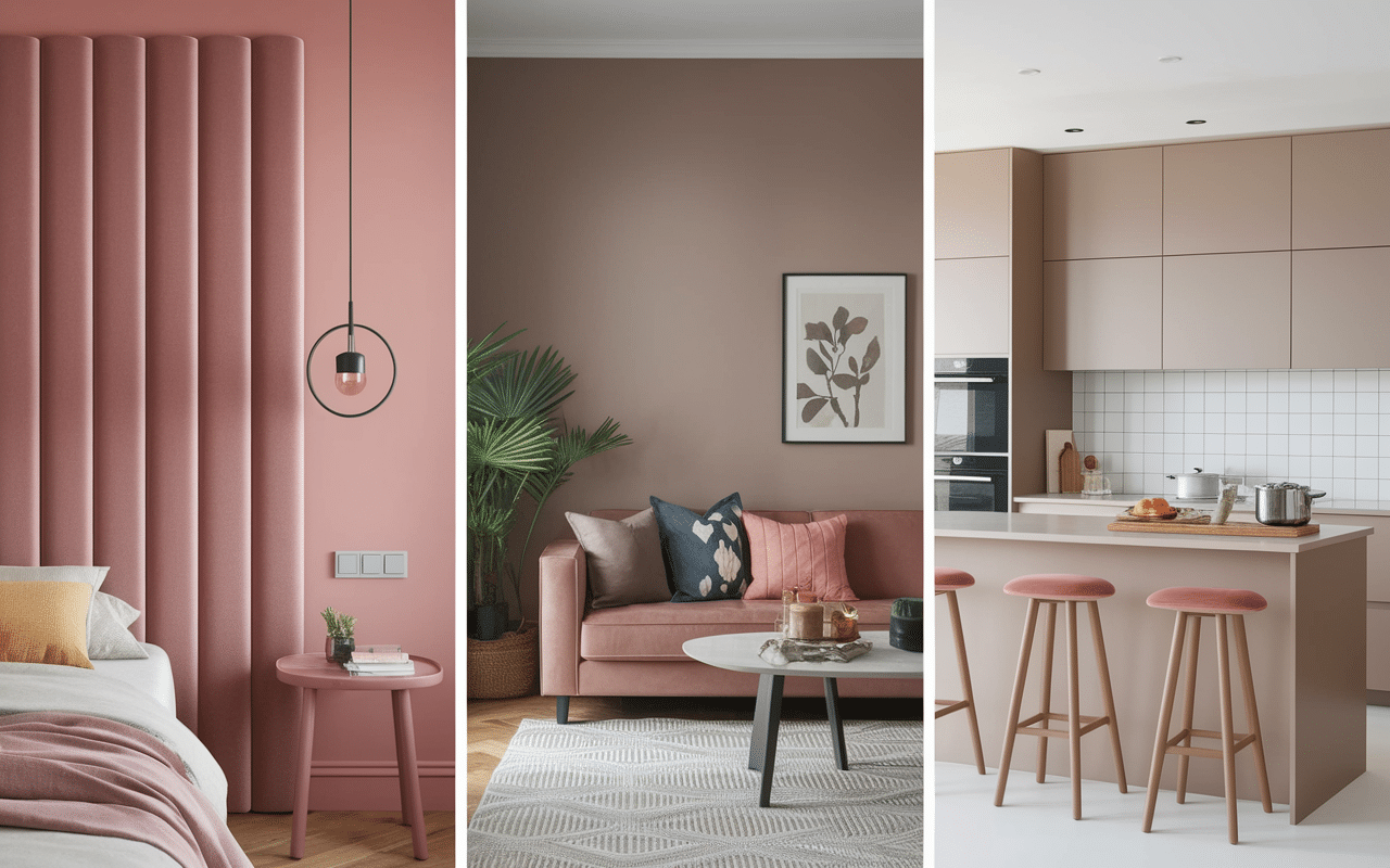 Chambre, salon et cuisine avec peinture rose poudré et taupe