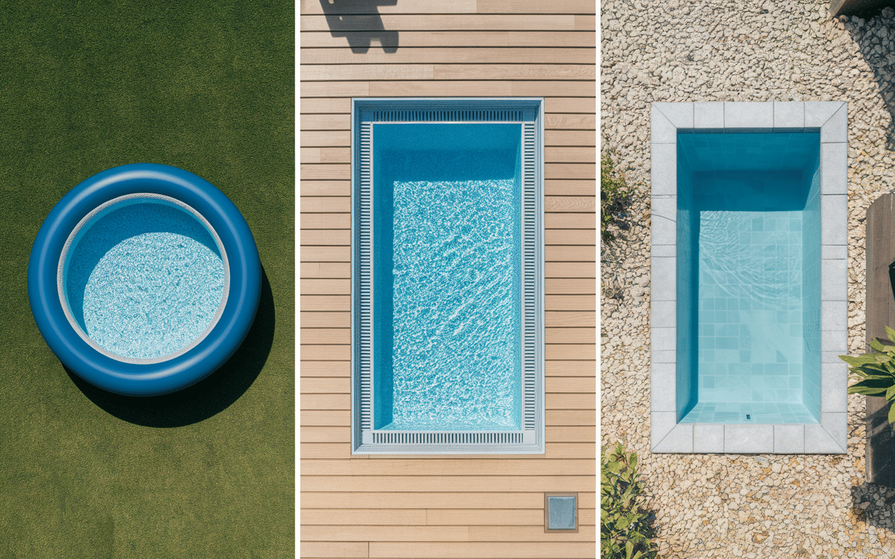 différents types de bassin et matériaux pour piscine sur une terrasse