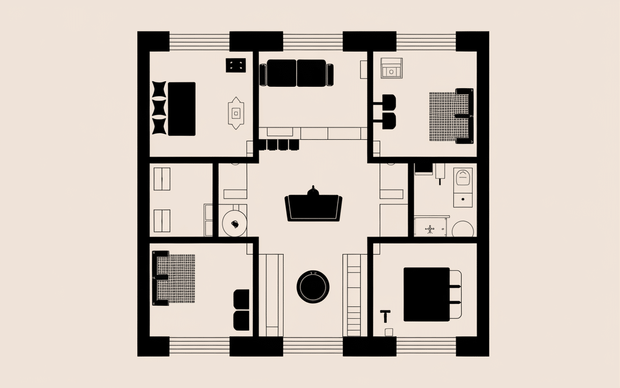 Agencement intérieur plan maison 4 chambres zones jour nuit