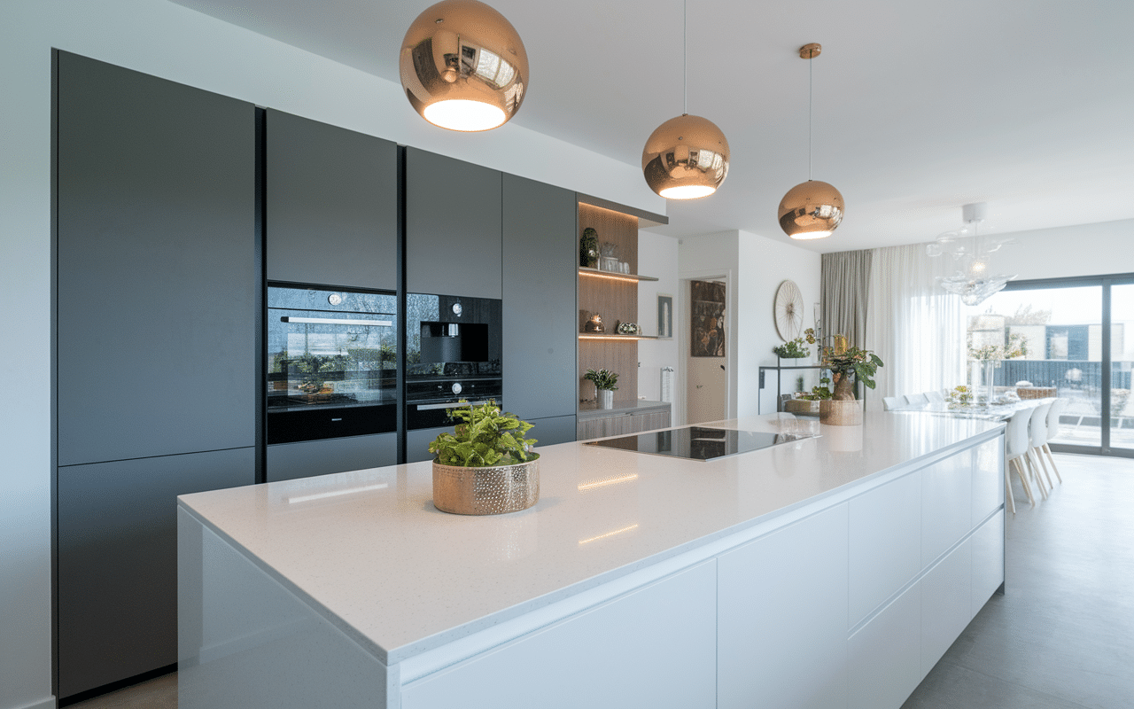 Cuisine moderne avec plan de travail quartz blanc