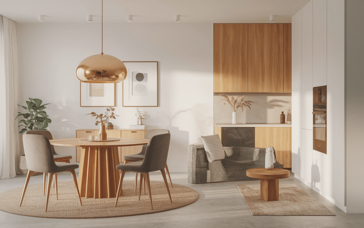 Suspension cuivre design dorée au-dessus table salon moderne