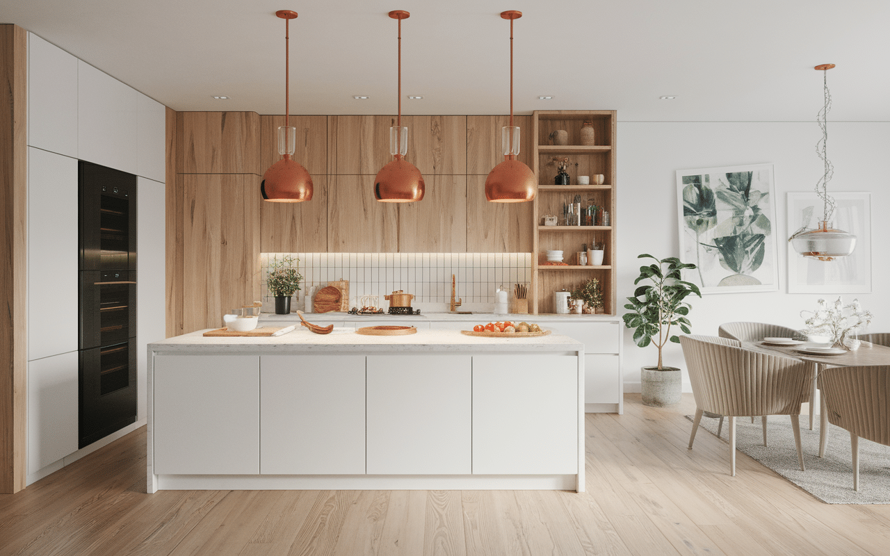Schéma suspension cuivre proportions idéales cuisine moderne