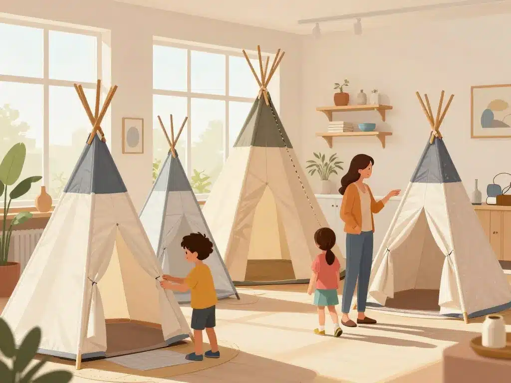 famille comparant tipi tailles et matériaux