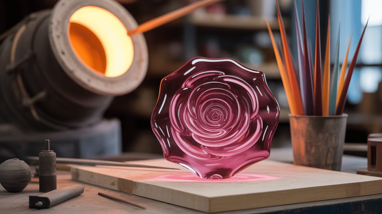 artisan travaille une fleur de verre en atelier