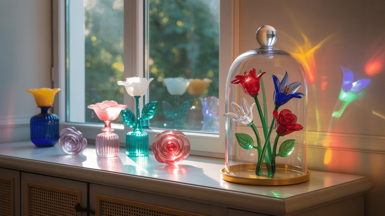 fleur de verre sous cloche pour décoration intérieure