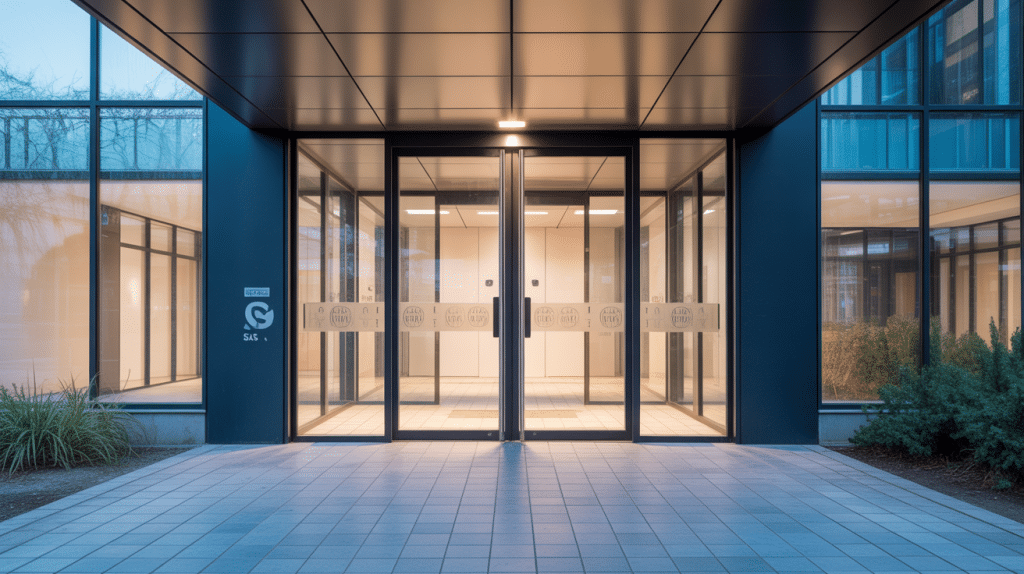 entrée bâtiment professionnel avec glas sas double porte sécurisé
