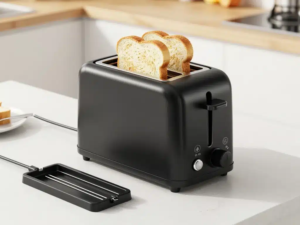 grille pain noir vue des fentes commandes et détails produit