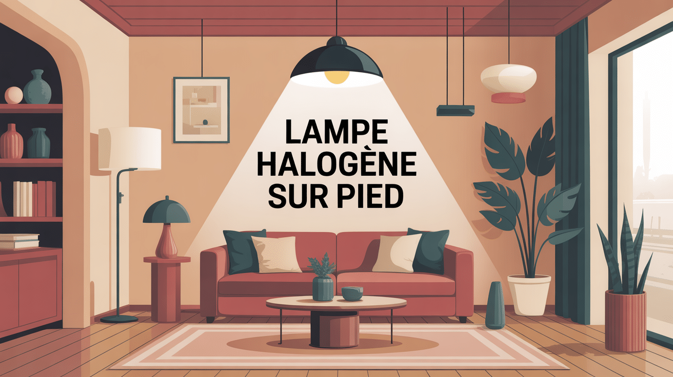 lampe halogène sur pied diffuse lumière dans salon moderne