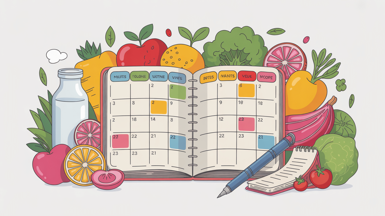 Calendrier et icônes alimentaires pour liste de courses type pour 1 mois