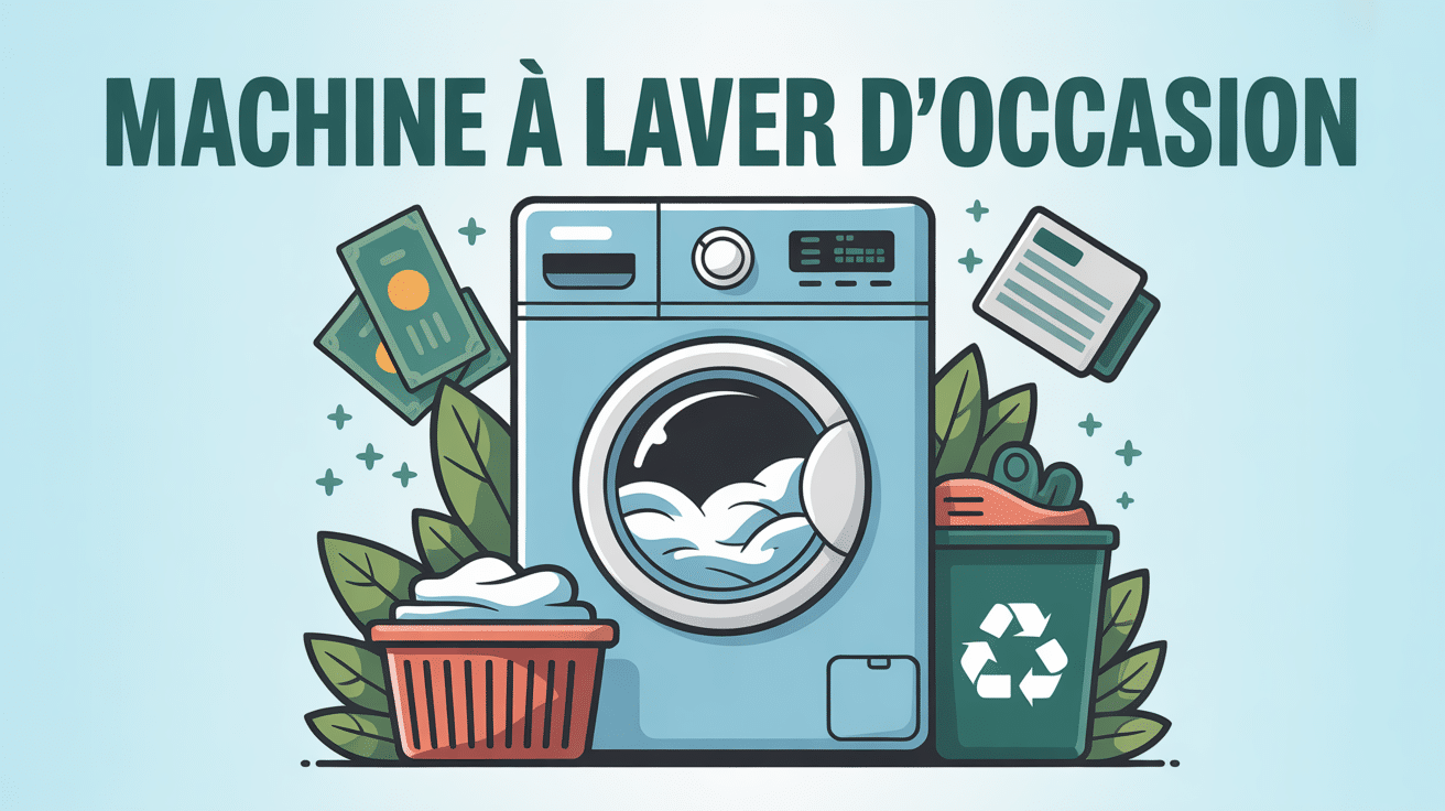 machine a laver en occasion entourée d'icônes économie et écologie