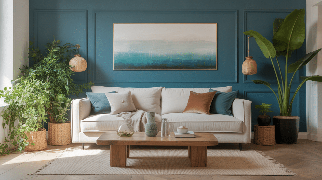 Salon moderne accent bleu pétrole peinture