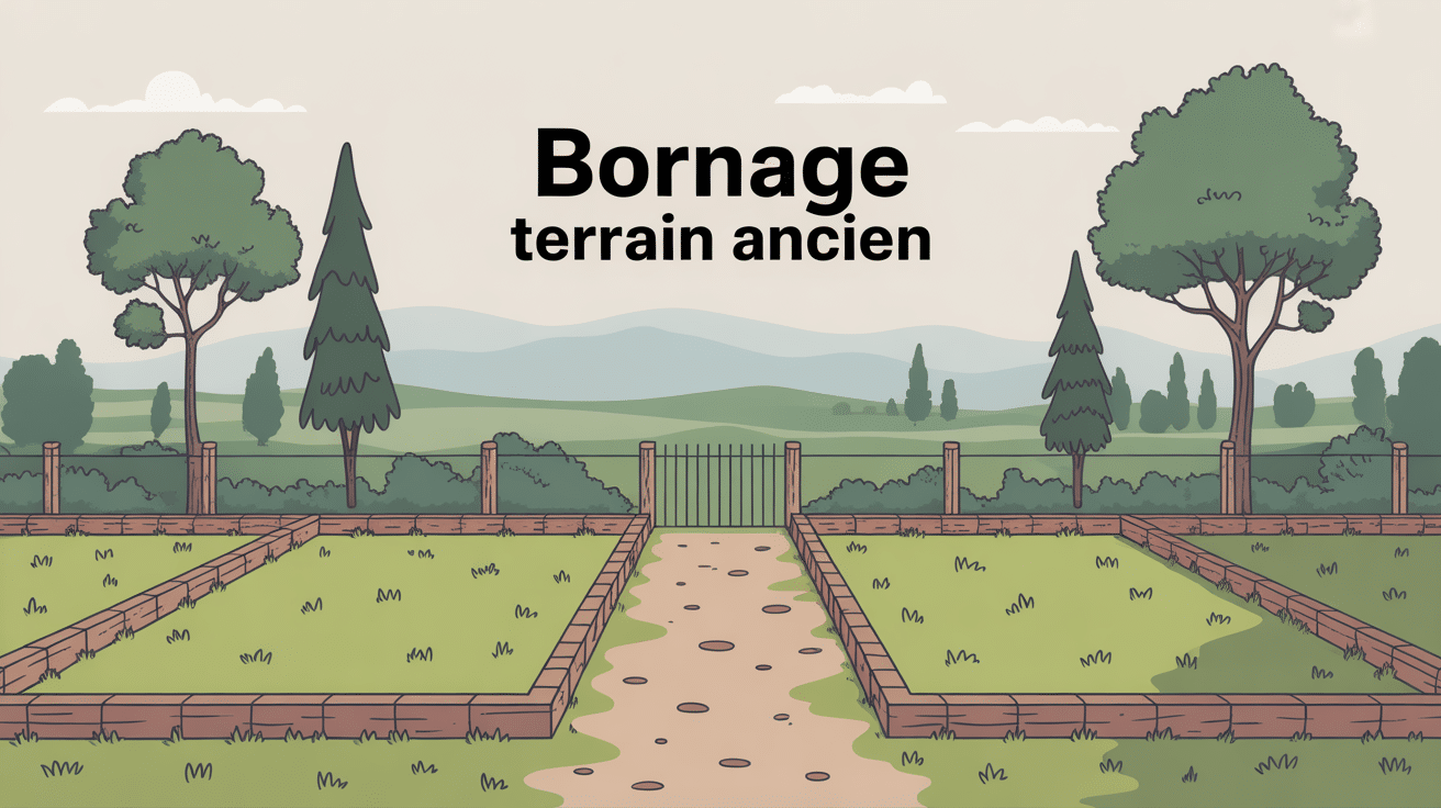 Illustration bornage terrain de plus de 30 ans avec bornes et clôtures