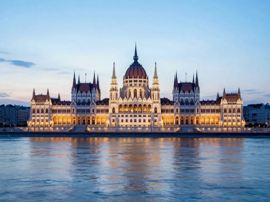 Vue stylisée du budapest parlement depuis les rives du Danube