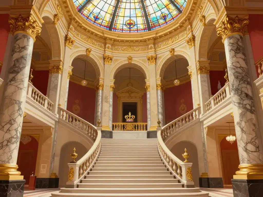 Intérieur opulent du budapest parlement avec escaliers et coupole