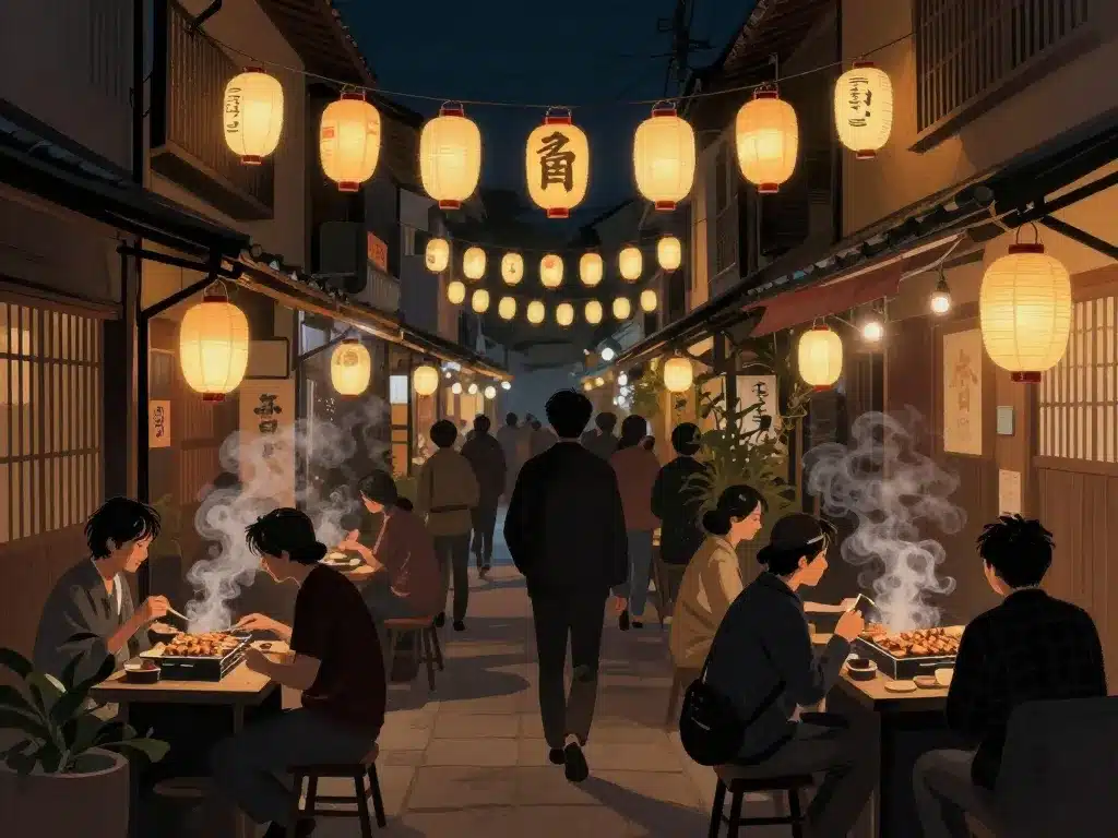 Ambiance ruelle Omoide Yokocho lanternes nuit
