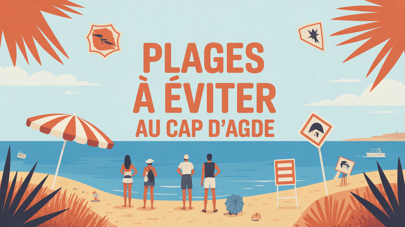 illustration plage à éviter au cap d'agde foule et drapeaux