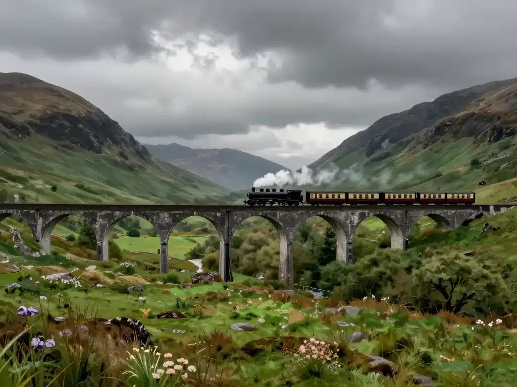 Viaduc glenfinnan highlands avec train jacobite sur les arches
