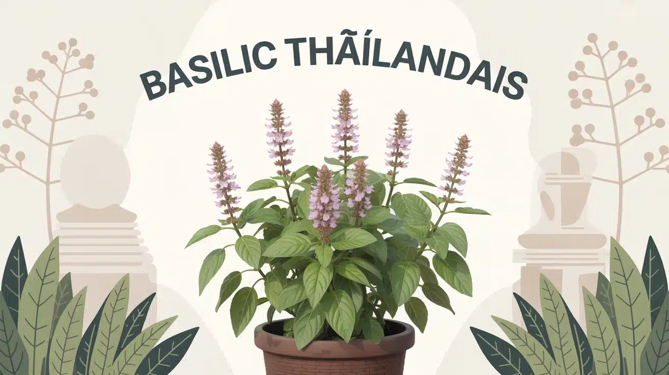 Illustration plant de basilic thaïlandais avec tiges pourpres et fleurs mauves