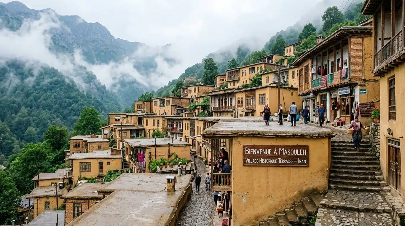 Vue panoramique du village de Masouleh en Iran avec ses maisons en terrasses caractéristiques et ses façades ocre.