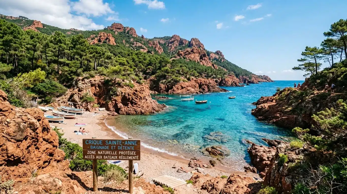 Une crique sauvage aux eaux turquoise entourée de rochers rouges et de pins en Méditerranée