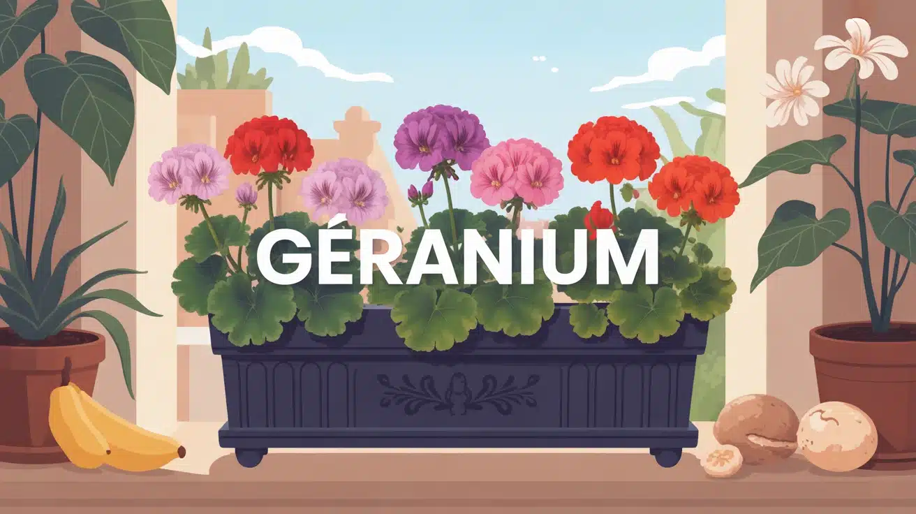 balcon fleuri de géraniums avec éléments naturels