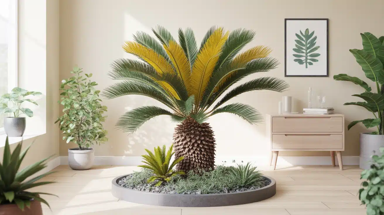 Cycas revoluta avec feuilles jaunes et vertes jaunissement