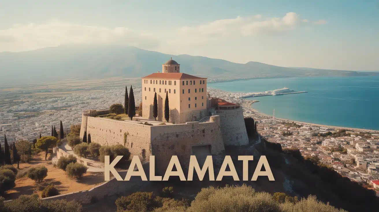 Illustration vectorielle de Kalamata avec château et oliveraies