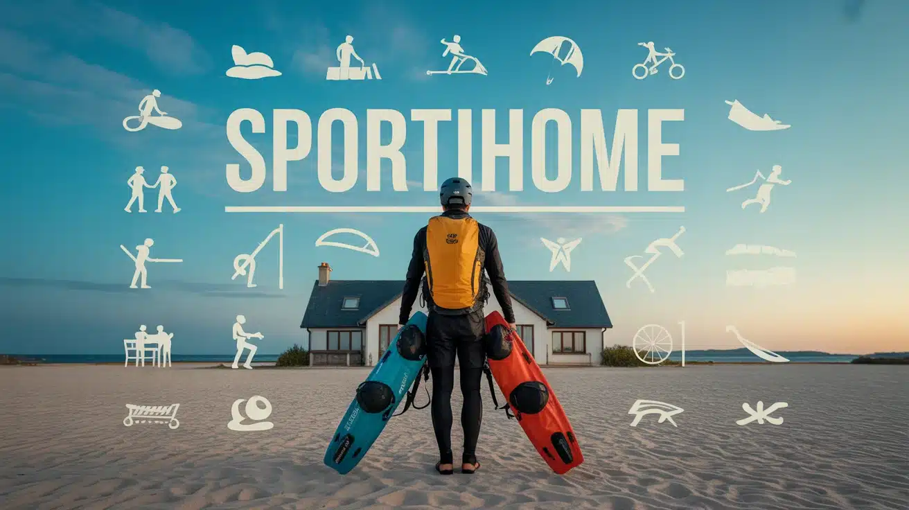 Illustration Sportihome voyageur avec équipements sportifs devant maison