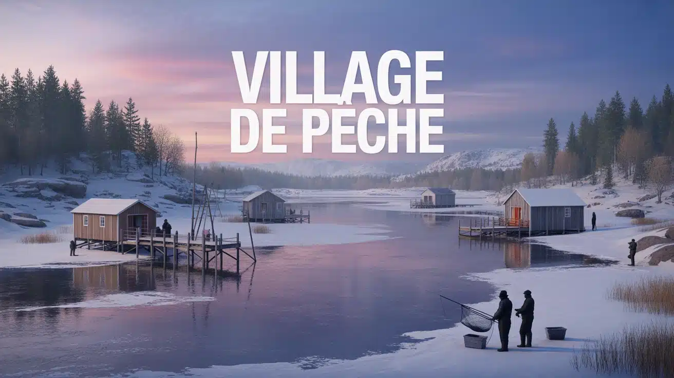 village de pêche au bord d un lac gelé en hiver