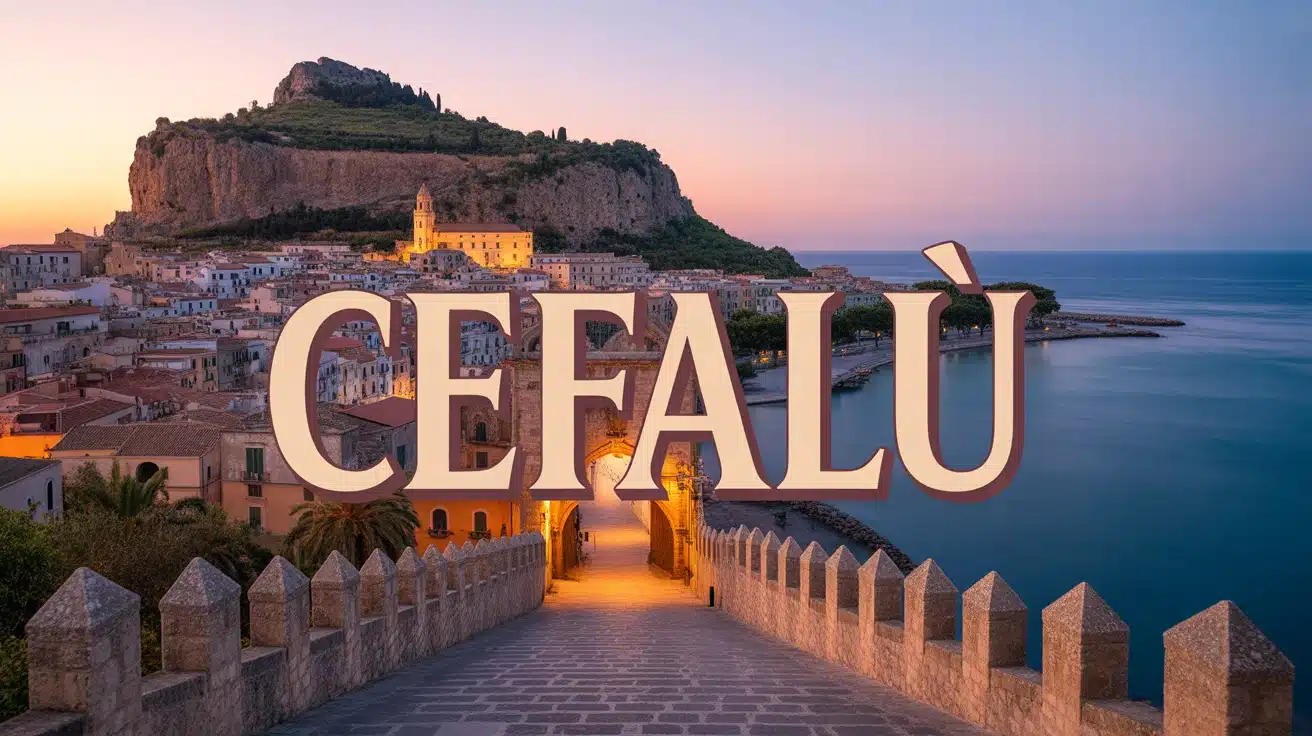 Vue vectorielle de Cefalù avec falaise et mer Tyrrhénienne