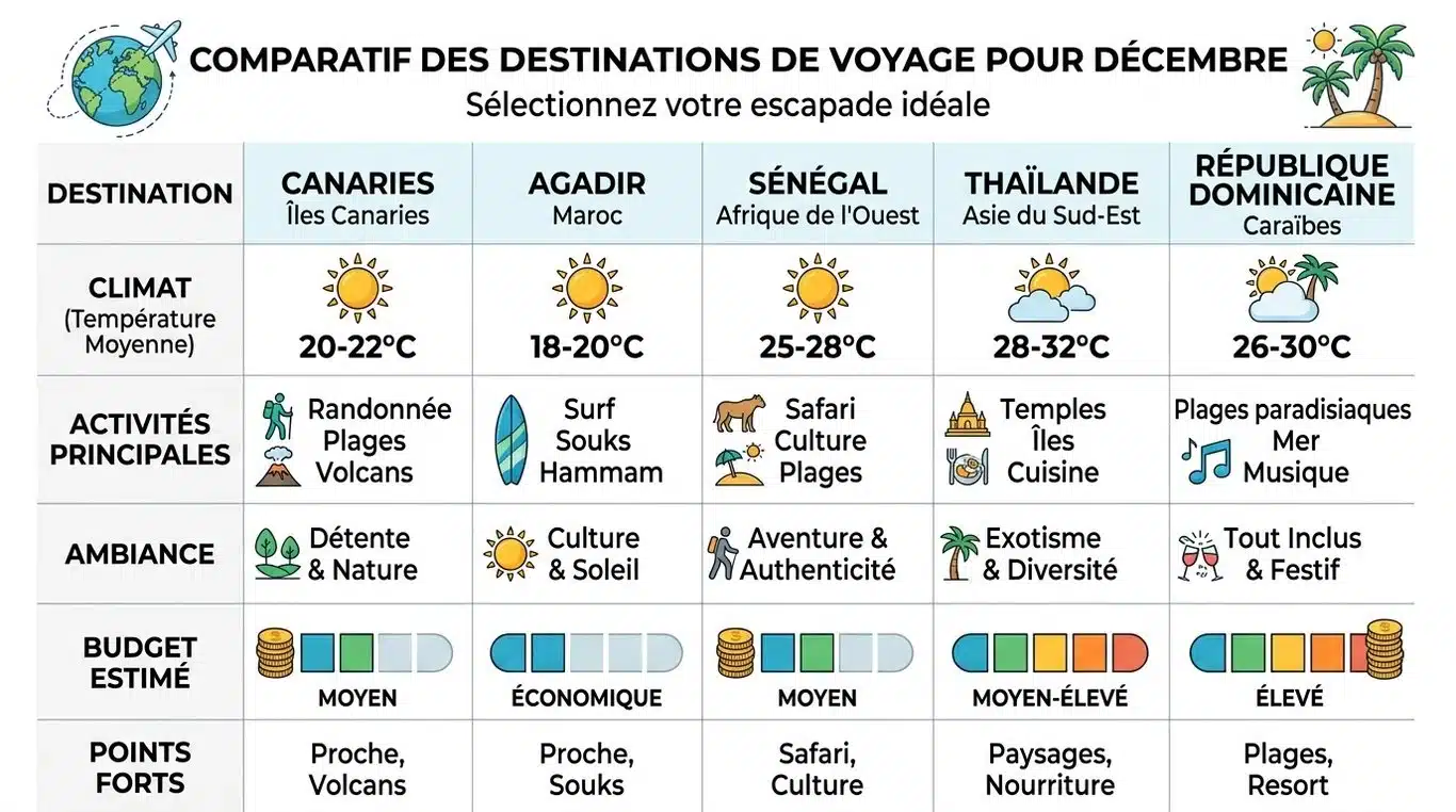Infographie comparative des destinations de voyage au soleil en décembre selon le budget et le climat