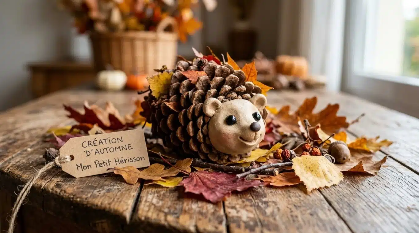 Hérisson réalisé avec une pomme de pin et de la pâte à modeler