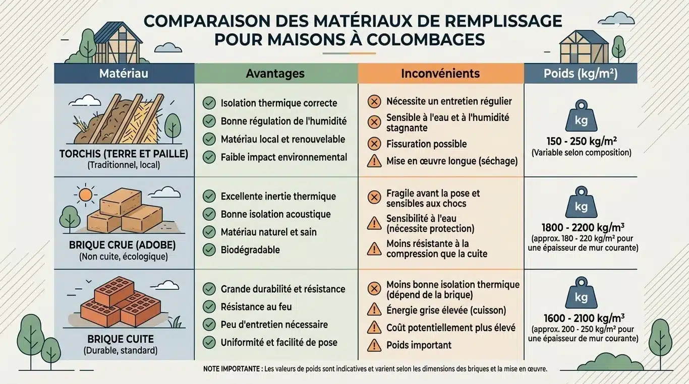 Infographie comparative des matériaux de remplissage pour maisons à colombages
