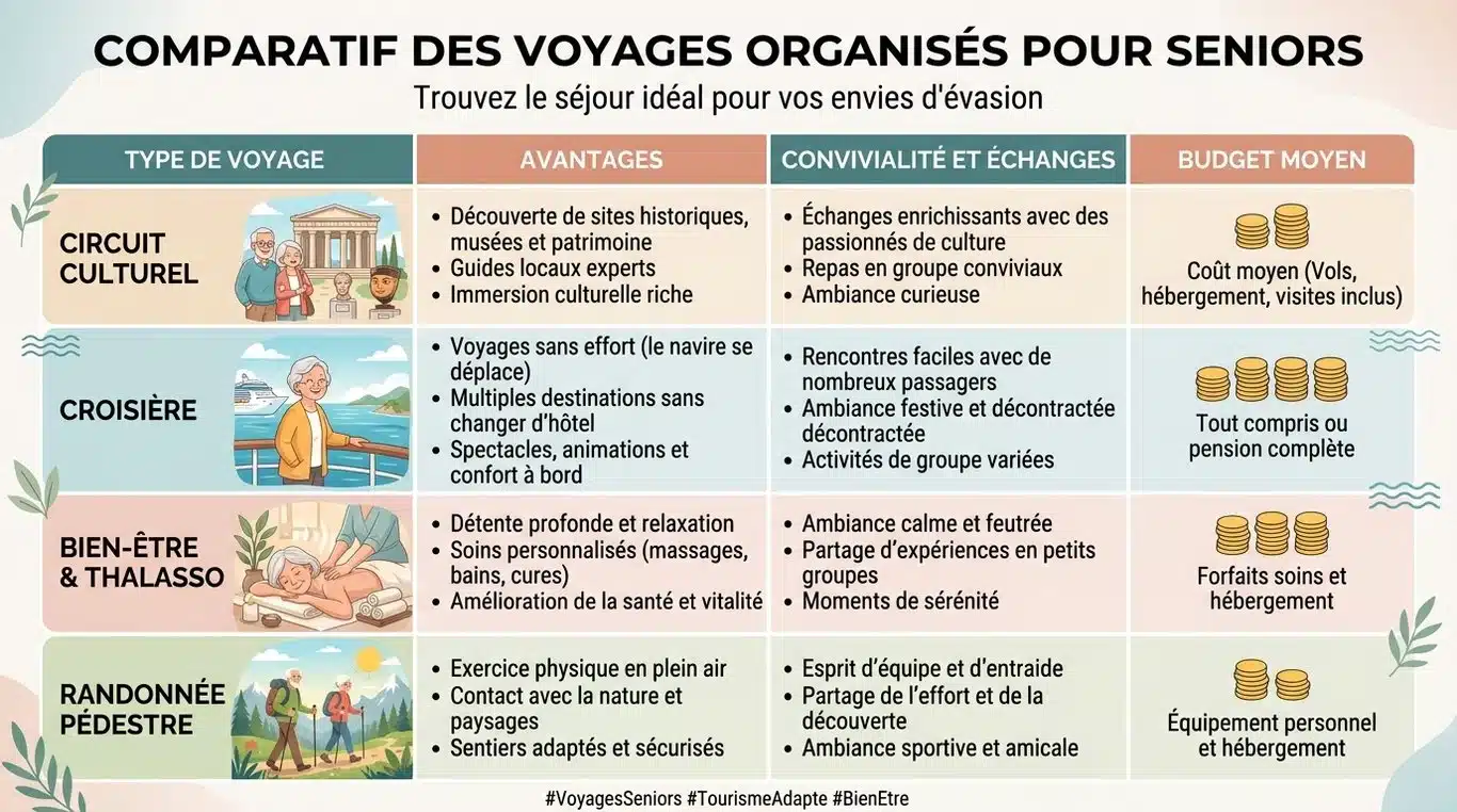 Infographie comparative des types de voyages organisés pour seniors seuls